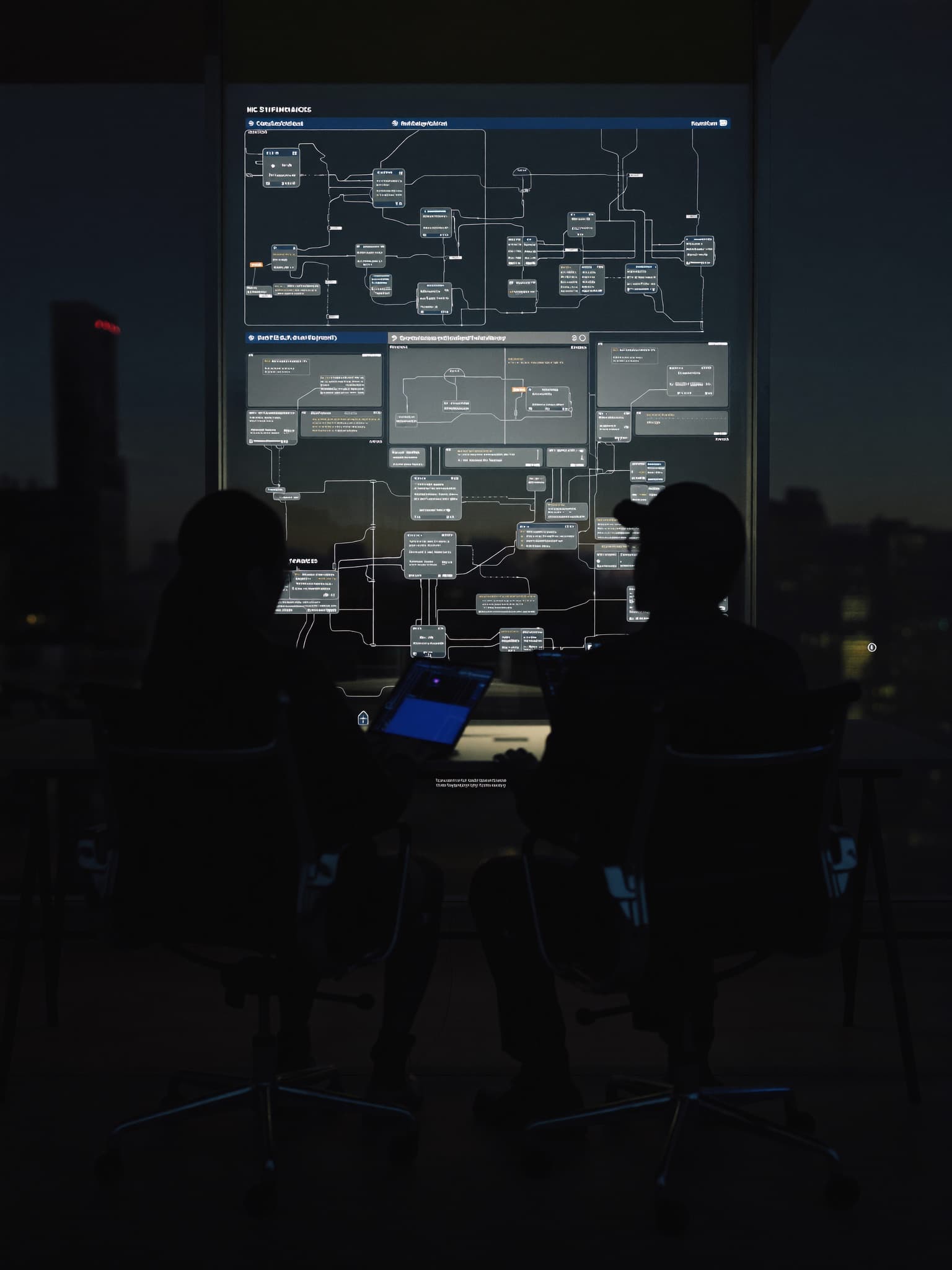 Two engineers reviewing a system architecture diagram on a glass wall