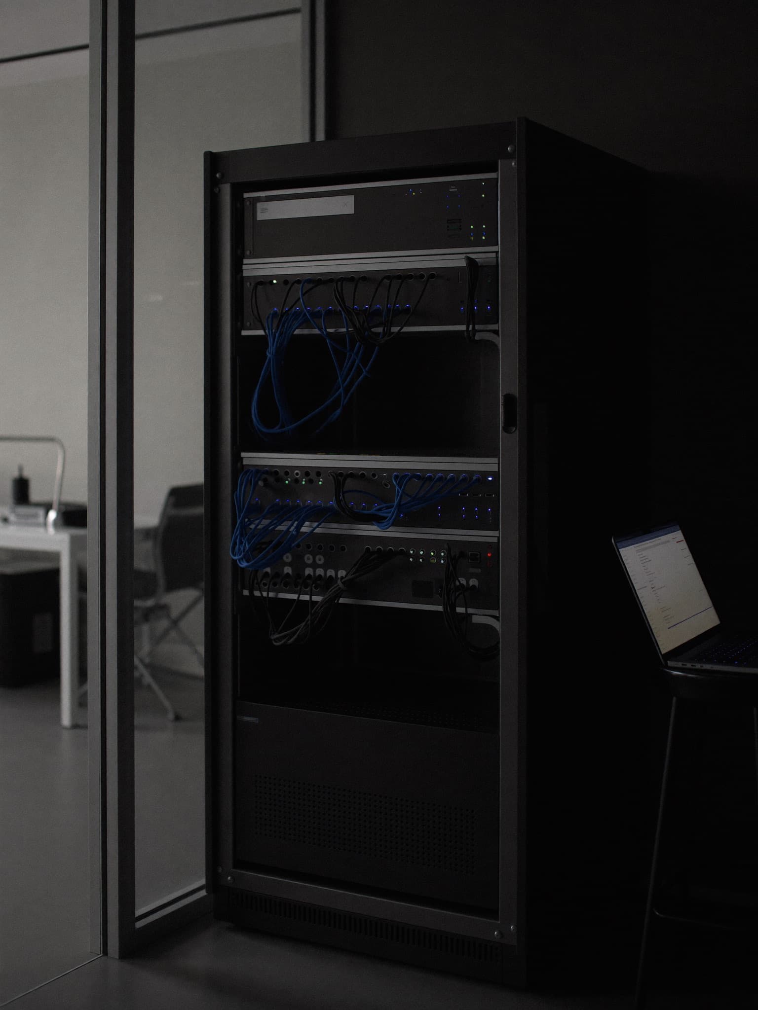 On-premise server cabinet with neatly bundled network cables